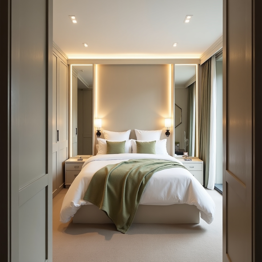Chambre compacte avec tête de lit rangements intégrés et design épuré