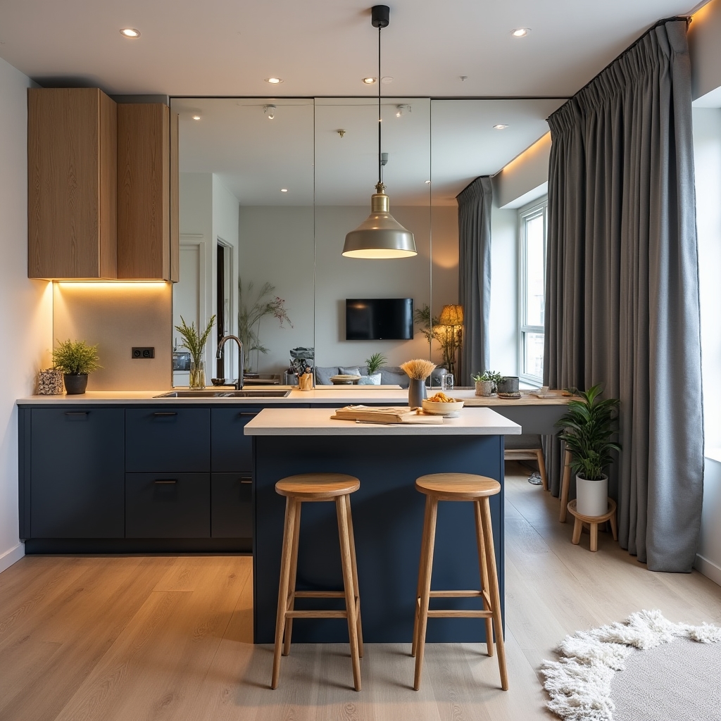 Salon cuisine ouverte dans un appartement compact avec séparation visuelle