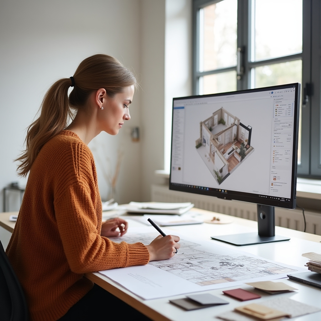 Designer travaillant sur les plans d'un petit appartement